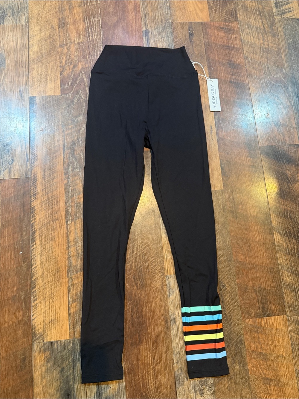Addison Bay Black Leggings with Multicolor Stripe Cuff XS (4700) 
NWT